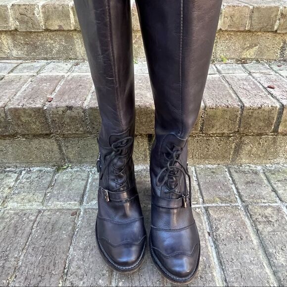 Frye Leather Sandra Tall Black Lace Up Riding/ Moto Boot 6M - Picture 5 of 10